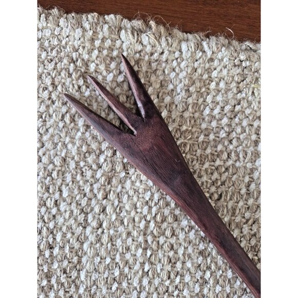 Vintage Wooden Salad Serving Set Fork & Spoon 1960s Monkeypod Style 13.5 - Picture 2 of 9